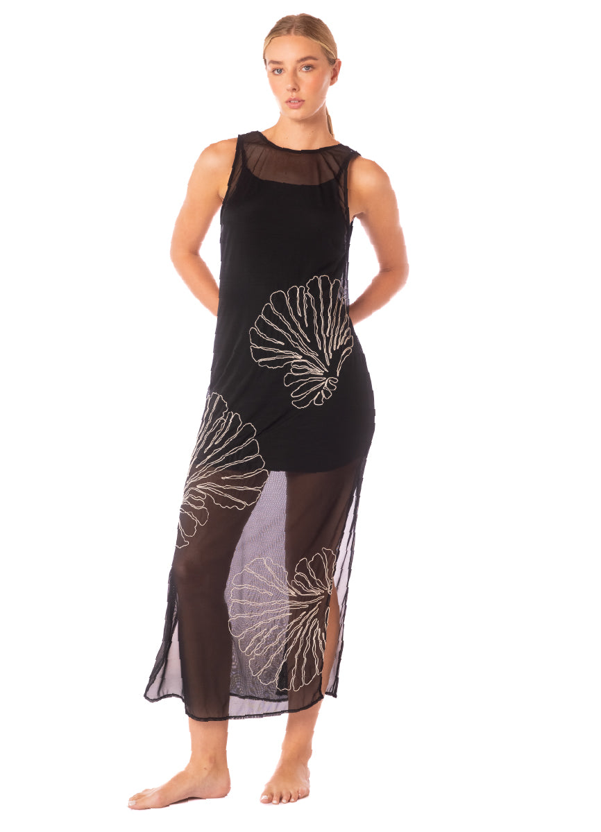 ROPA DE PLAYA VESTIDO LARGO BORDADO EN TELA TULL CELIA 9424